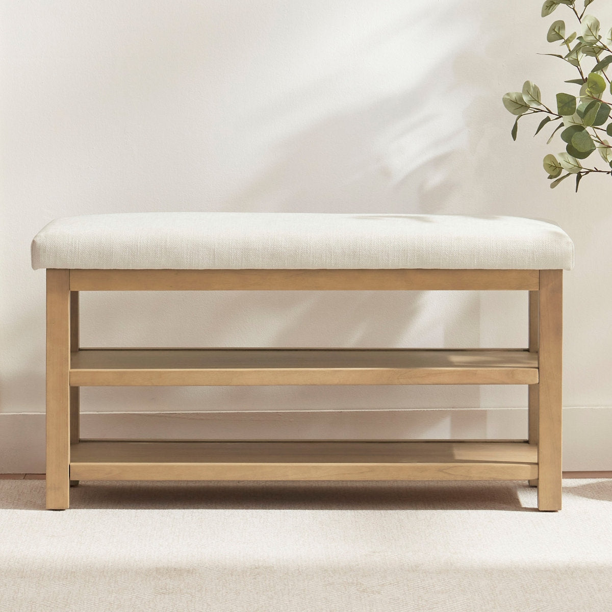 Space-Saving Solid Wood Shoe Bench with Dual Shelves and Comfortable Upholstered Seating