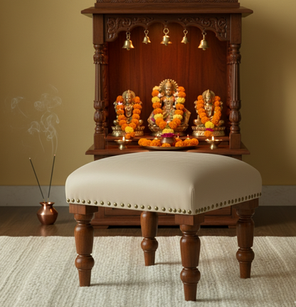 ADOUER WOOD Handcrafted SOLID Wood Footstool with Beige Upholstery and Brass Studs