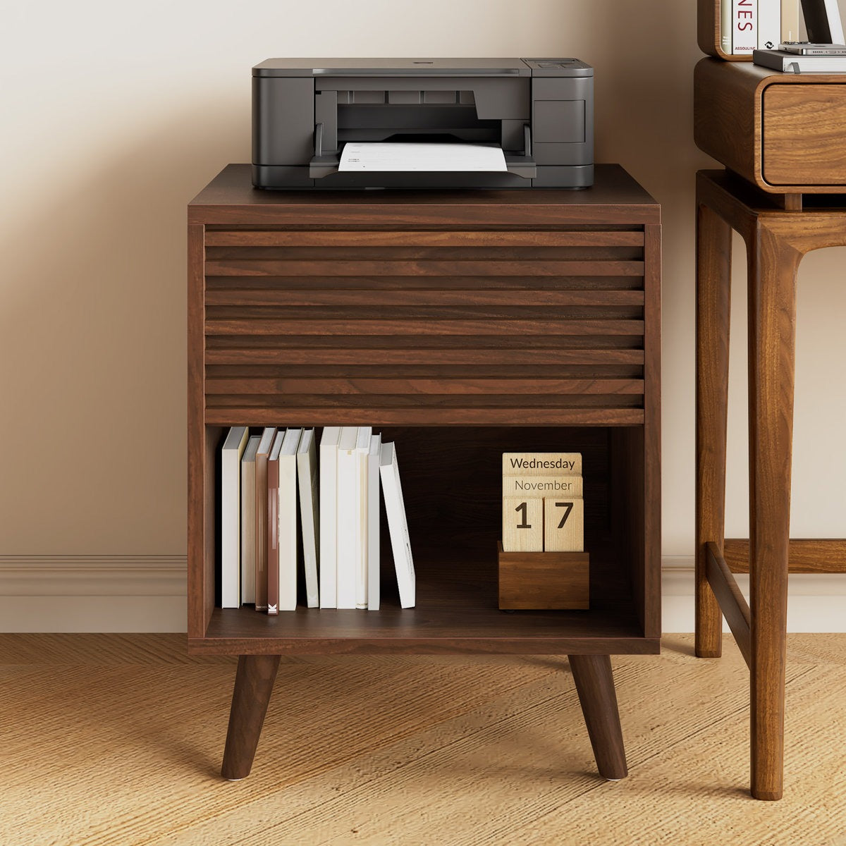 ADOUER WOOD Solid Wood Mid-Century Modern Bedside Table with Slatted Drawer and Open Shelf