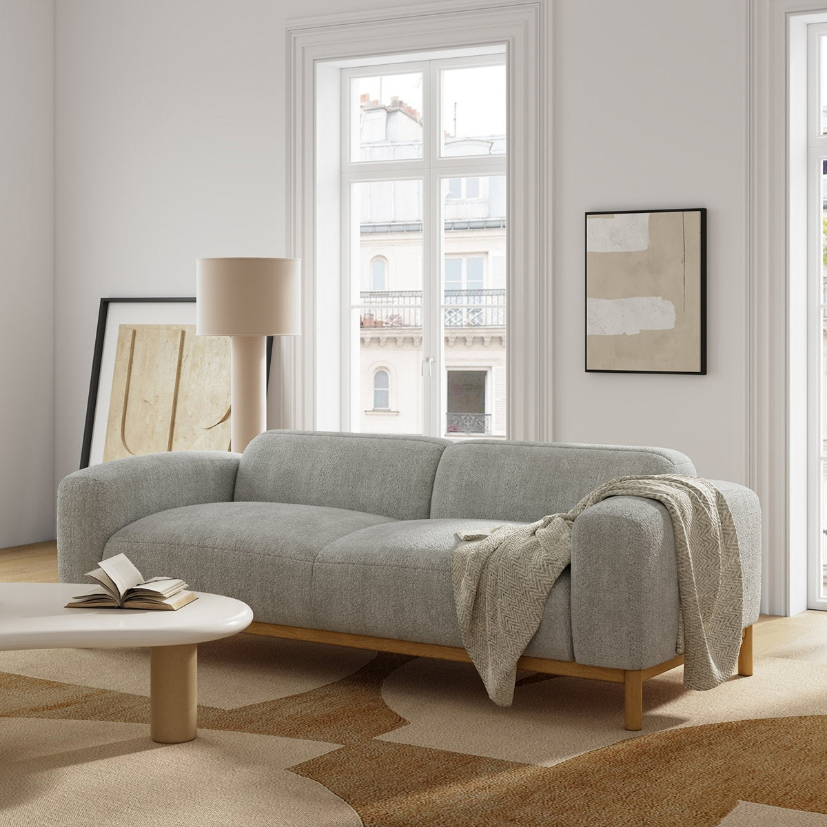 Modern Comfort Boucle 3 Seater Sofa with Natural Acacia Wood Frame