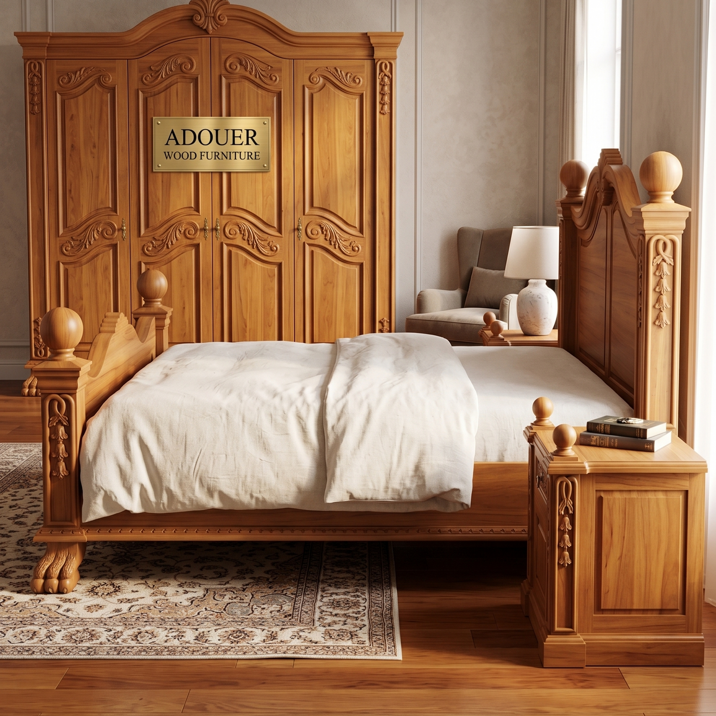 Adouer Wood Royal Solid Wood King Bed | Premium Teak Finish