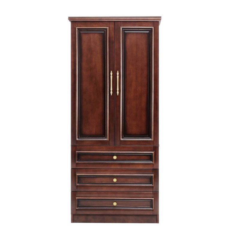 ADOUER WOOD Solid Wood 2-Door Wardrobe – Elegant with 3 Deep Storage Drawers – Traditional Bedroom Almirah with Gold-Tone Hardware