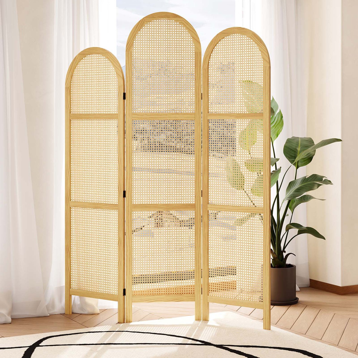 ADOUER WOOD Handcrafted Arched 3-Panel Room Divider with Natural Cane Webbing