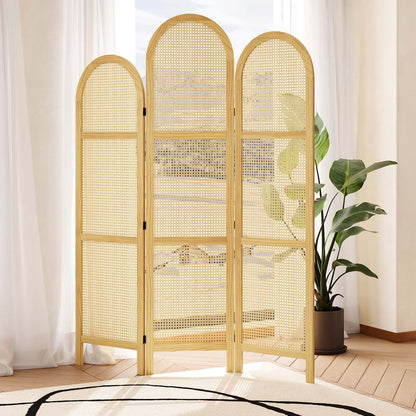 ADOUER WOOD Handcrafted Arched 3-Panel Room Divider with Natural Cane Webbing