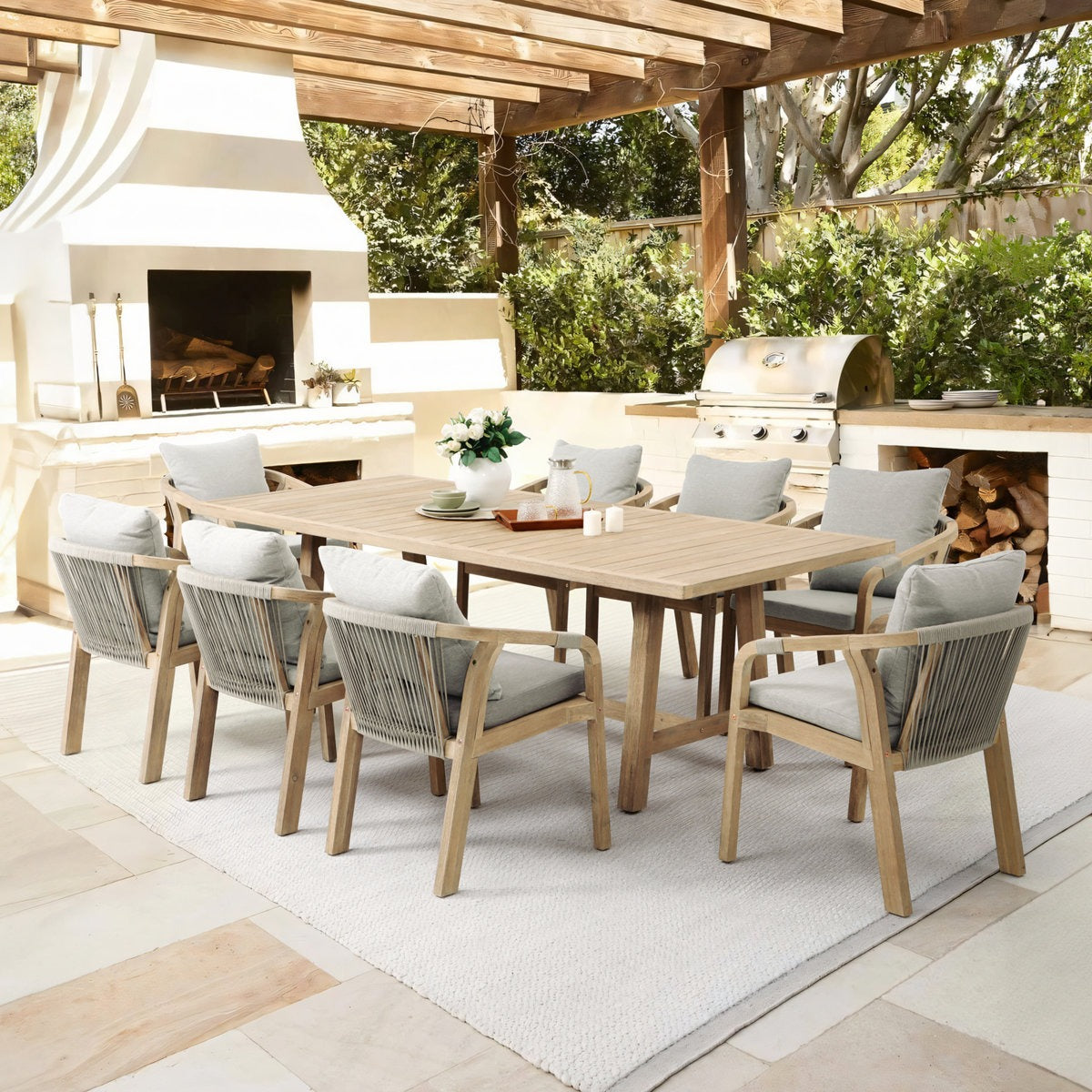 ADOUER WOOD Solid Acacia Wood 8-Seater Outdoor Dining Set with Weather-Resistant Grey Cushions Exterior PU Finish