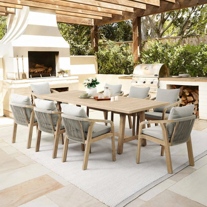 ADOUER WOOD Solid Acacia Wood 8-Seater Outdoor Dining Set with Weather-Resistant Grey Cushions Exterior PU Finish
