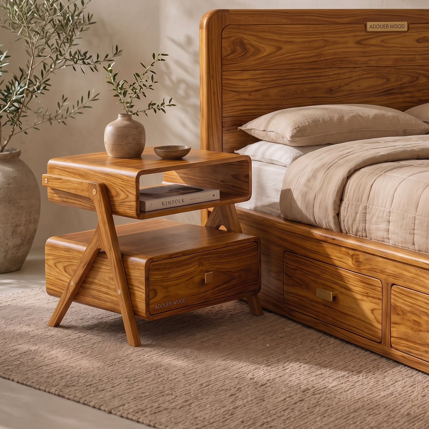 Adouer Wood Retro Solid Wood Nightstand – 2-Tier Bedside Table with Drawer