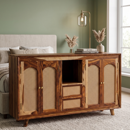 ADOUER WOOD Arched Cane Door Sideboard in Natural Sheesham