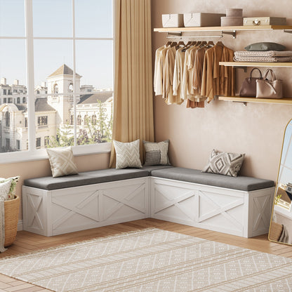 Adouer Wood Solid Wood L-Shape Corner Storage Bench with Upholstered Seating