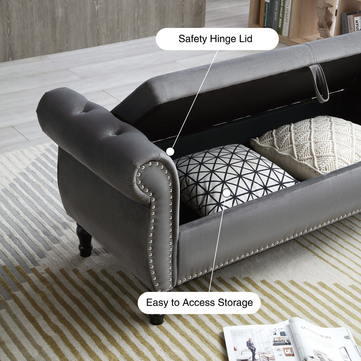 Glam Tufted Velvet Chaise Lounge Bench with Storage Box