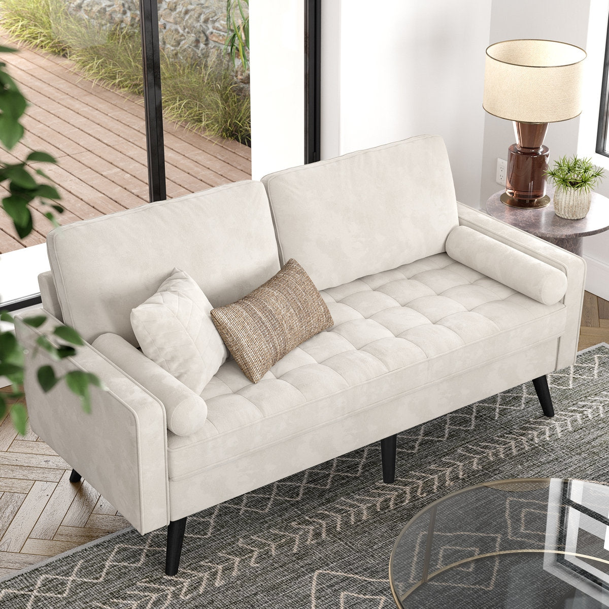 Modern Tufted Velvet 3 Seater Sofa with Solid Wood Base