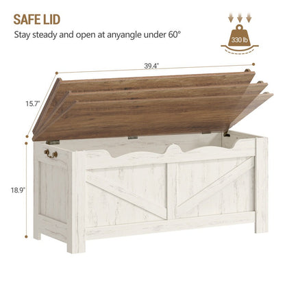 Modern Farmhouse Wood Storage Trunk with Barn Door Detail -Entryway Chest with Scalloped Edge & Safety Hinge