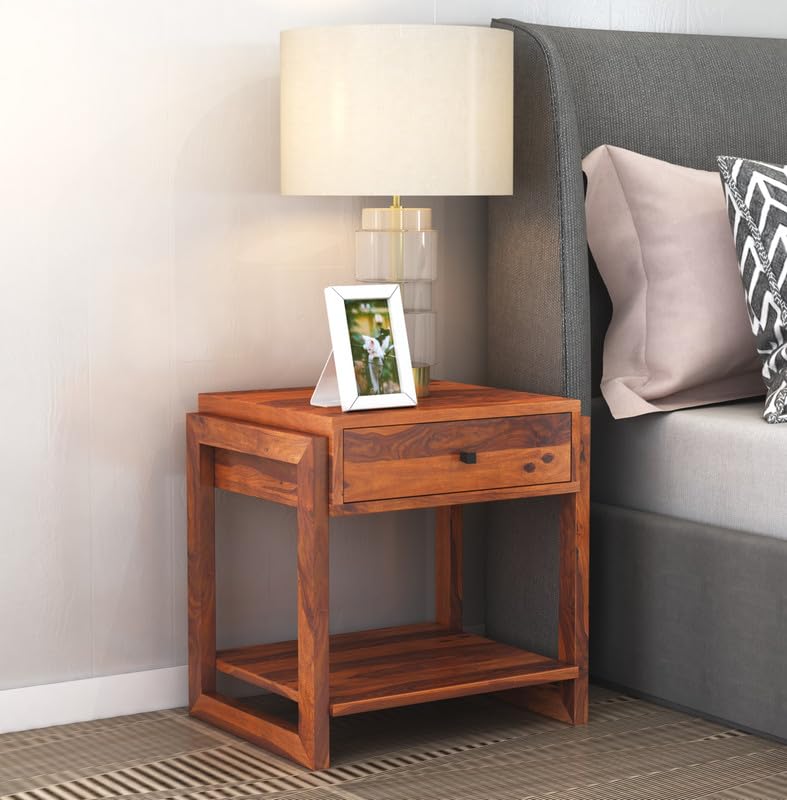 ADOUER WOOD Rustic Solid Wood Bedside Table with Drawer and Open Shelf