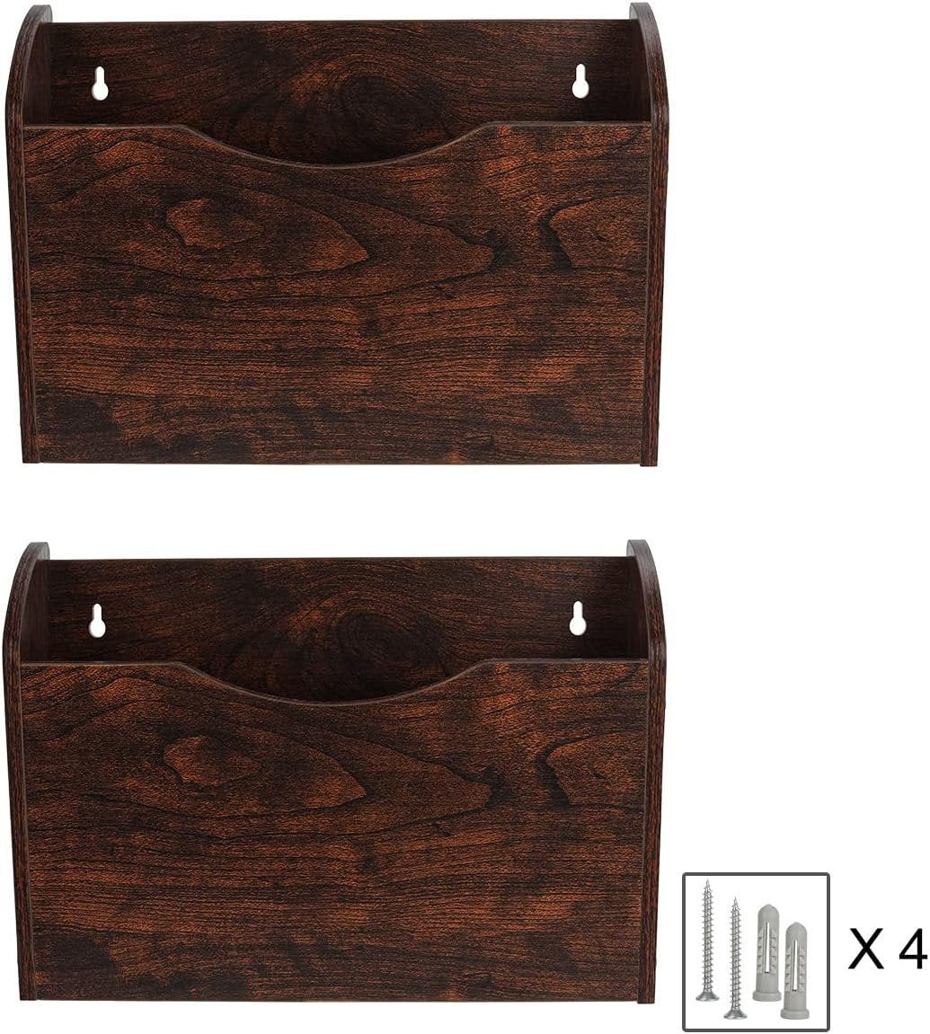 Solid Walnut-Finish Wood Wall-Mounted Magazine Rack & File Organizer (Set of 2)