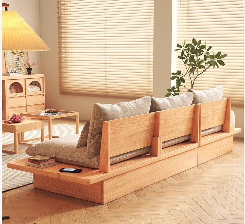 Japanese Style Platform Sofa with Acacia Wood Base and Cotton Fabric
