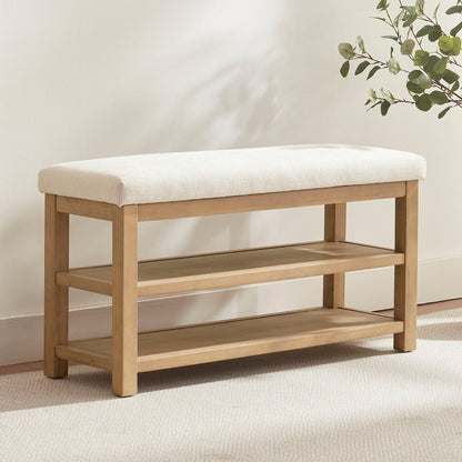 Space-Saving Solid Wood Shoe Bench with Dual Shelves and Comfortable Upholstered Seating
