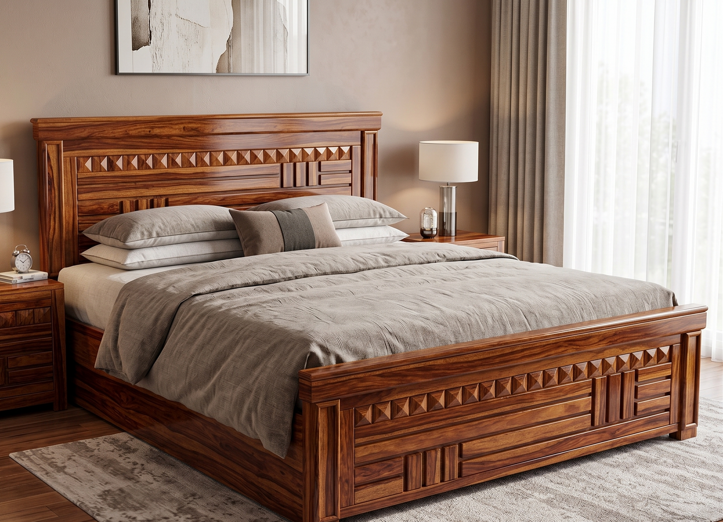 ADOUER WOOD Solid Sheesham Wood King Size Bed with Handcrafted Geometric Carving