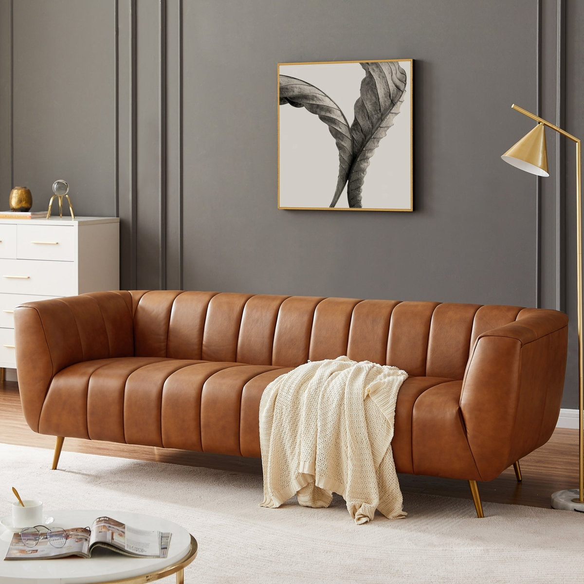 The Curved Channel-Back Leather Sofa on Solid Wood