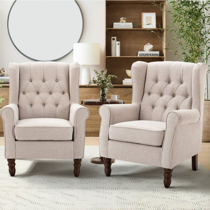 Classic Button-Tufted Cotton Wingback Chair with Solid Acacia Wood Frame
