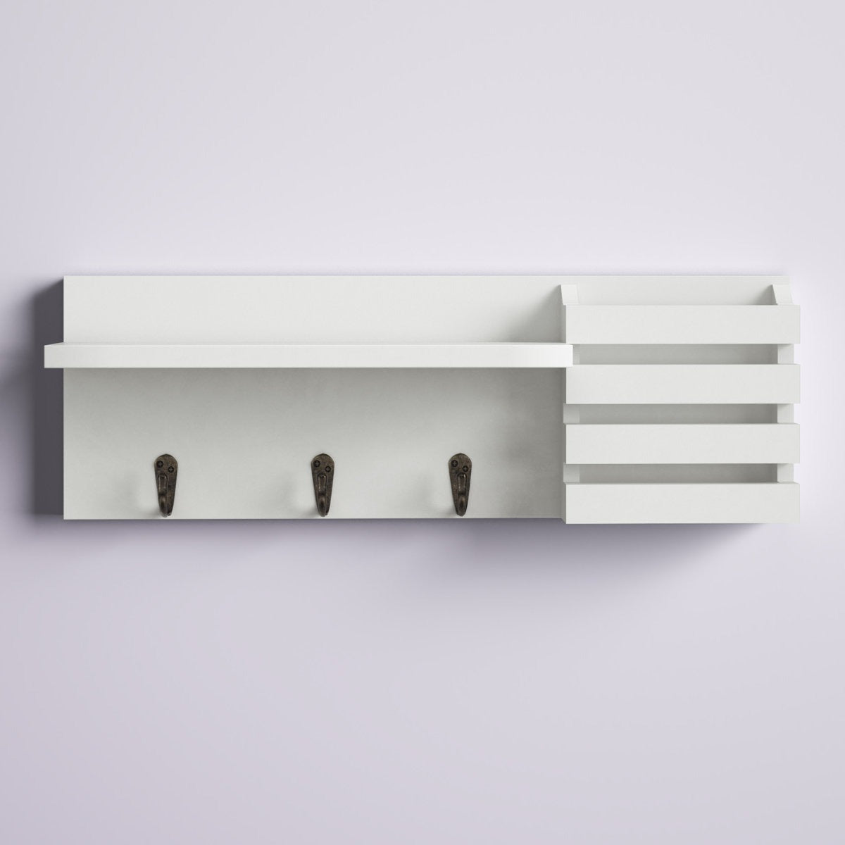 Wall-Mounted Key Holder Entryway Organizer – Floating Shelf with 3 Antique Key Hooks & Integrated Mail Sorter