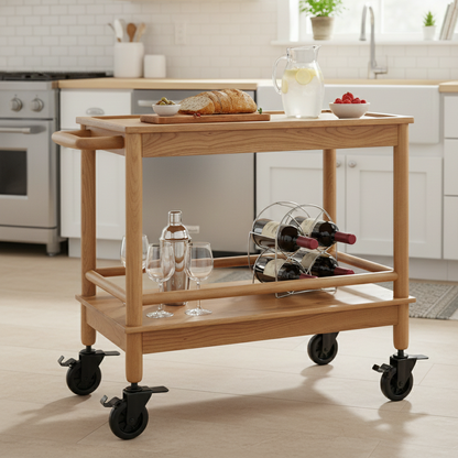 ADOUER WOOD Premium Acacia Wood Bar Cart – 2-Tier Mobile Serving Trolley with Solid Wood Frame & Handle – Rolling Kitchen Island with PVC Wheels