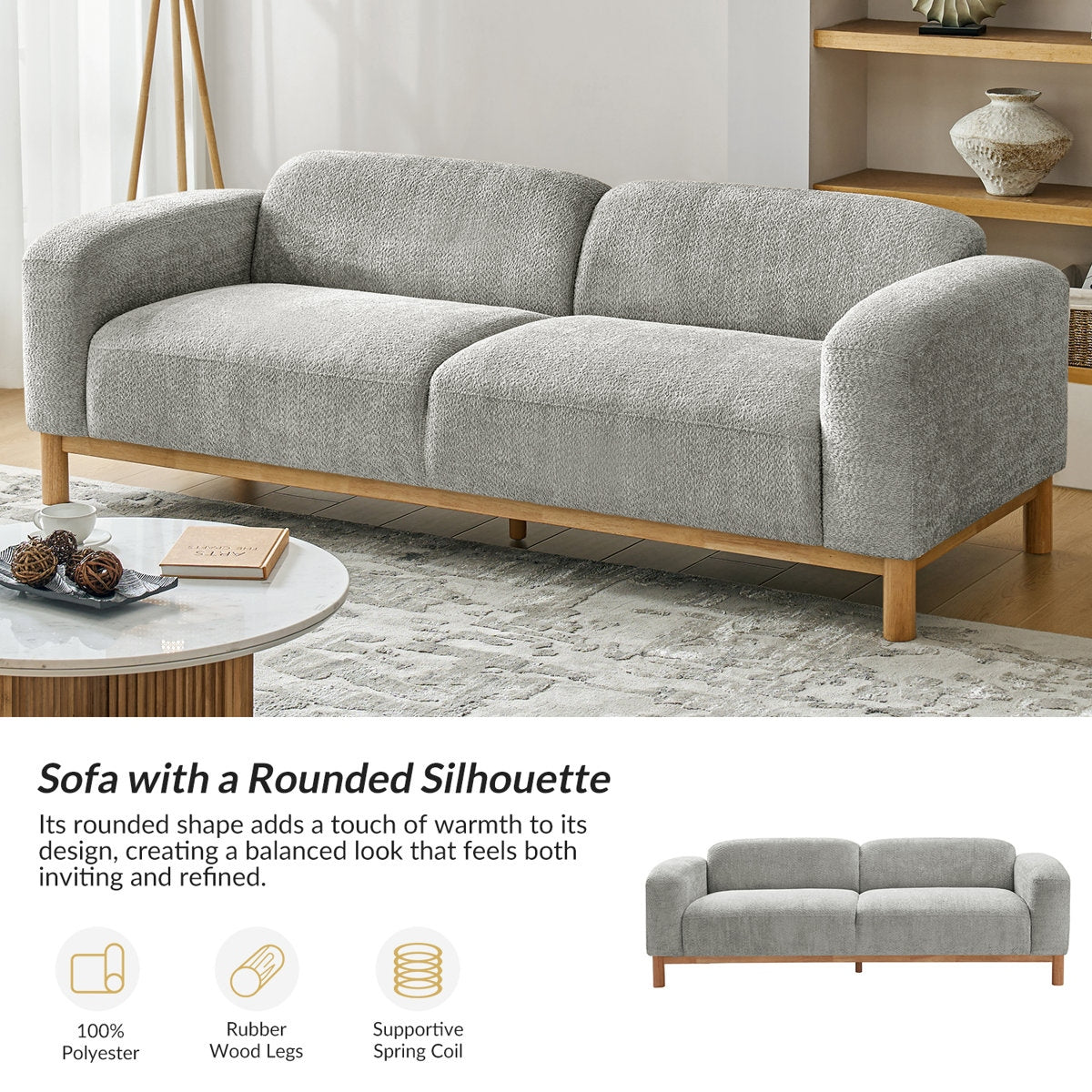 Modern Comfort Boucle 3 Seater Sofa with Natural Acacia Wood Frame