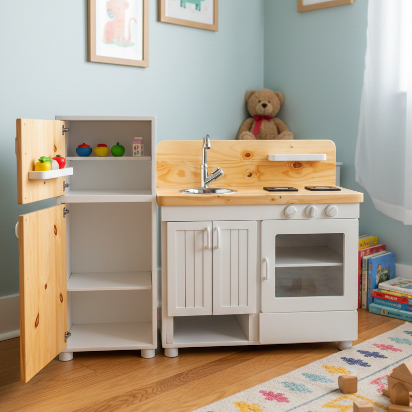 ADOUER WOOD Handcrafted Wooden Play Kitchen for Toddlers – Natural & White Montessori Toy Kitchen with Fridge, Oven, and Sink