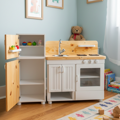 ADOUER WOOD Handcrafted Wooden Play Kitchen for Toddlers – Natural & White Montessori Toy Kitchen with Fridge, Oven, and Sink