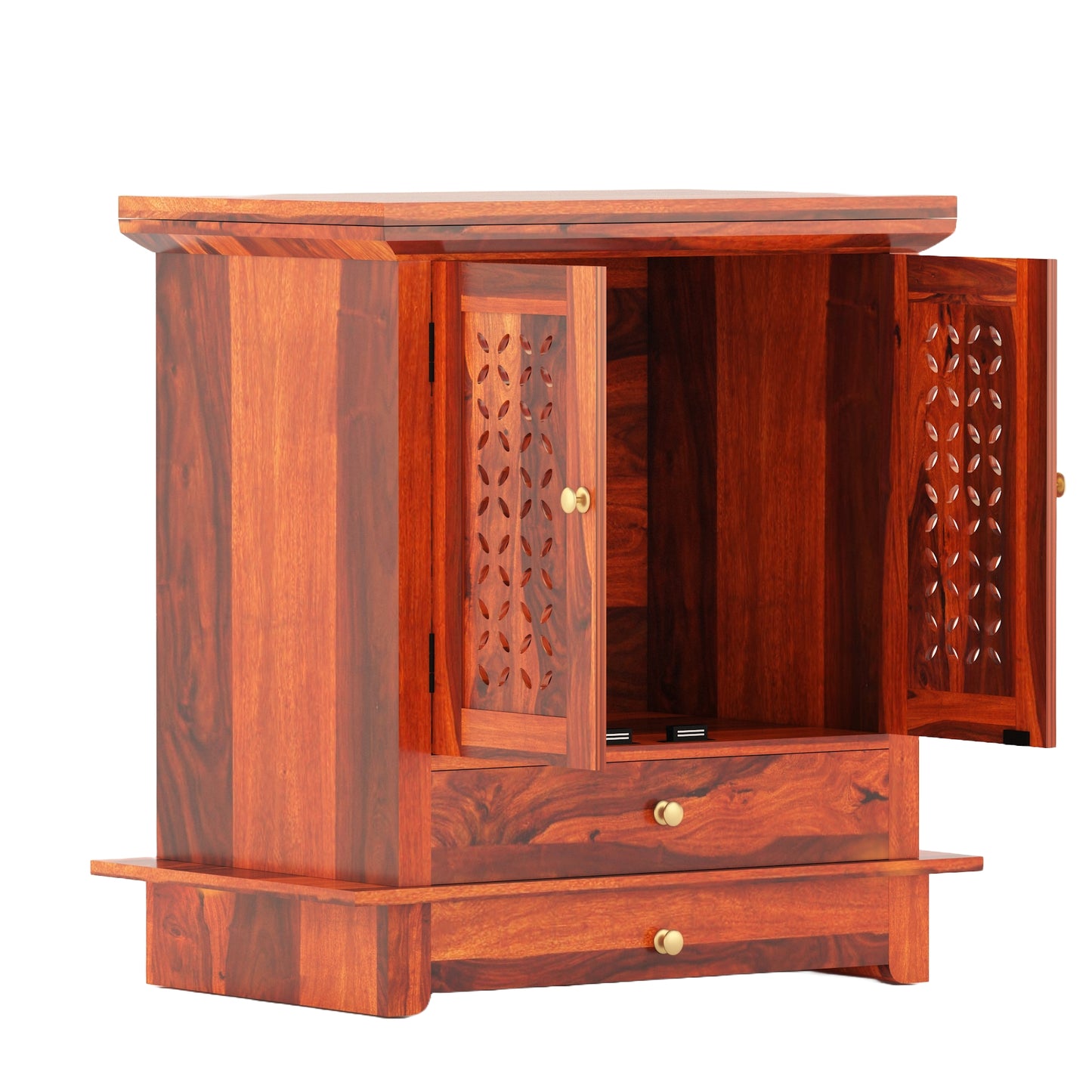 ADOUER WOOD 31'' Sheesham Wood Hand Double Drawers And 2 Door Pooja Mandir (Honey)