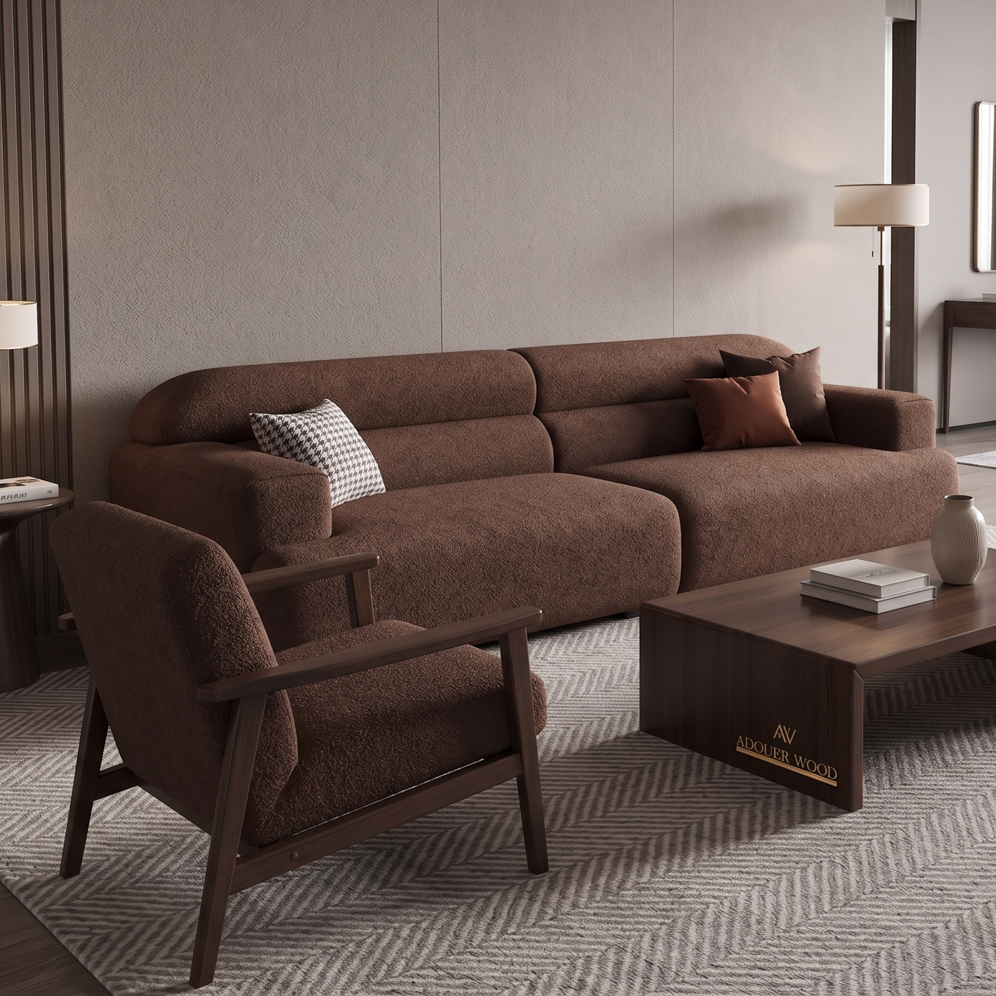 Adouer Wood Modern Low-Profile Velvet Bouclé Sofa in Earthy Brown – Premium Fabric Deep Seat Lounge Couch