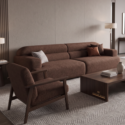 Adouer Wood Modern Low-Profile Velvet Bouclé Sofa in Earthy Brown – Premium Fabric Deep Seat Lounge Couch