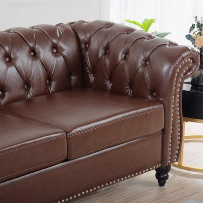 Classic Brown Leather Chesterfield Sofa with Sheesham Wood Frame