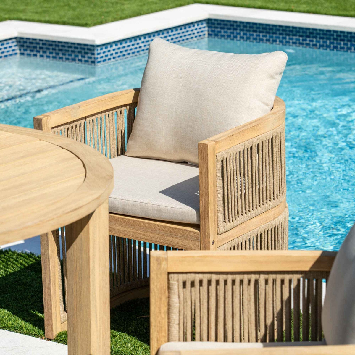 Solid Wood Rectangular Dining Table with Hand-Woven Barrel Chairs