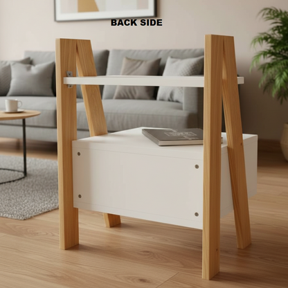 Linear Ladder Solid Wood Bedside Table with Storage Drawer and Display Shelf