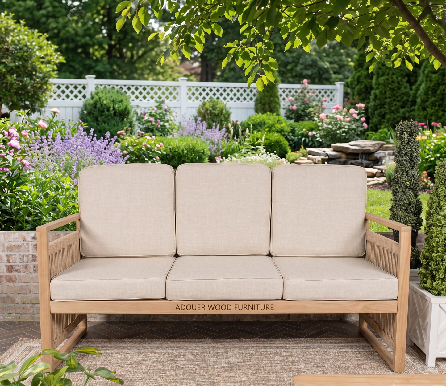 ADOUER WOOD Coastal Modern 3-Seat Outdoor Sofa – Natural Acacia Wood & Wrapped Rope Accent
