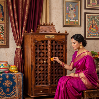ADOUER WOOD Intricately Crafted Solid Teak Wood Puja Ghar / Temple