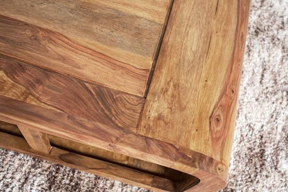 Organic Modern Sheesham Wood Coffee Table with Curved Ends and Open Compartment Storage