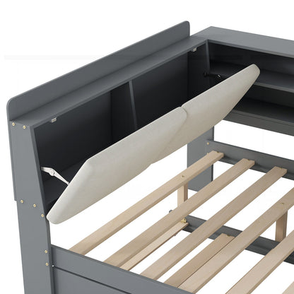 Modern Solid Wood Trundle Bed with Built-In Bookshelf Headboard & Pull-Out Storage Bed