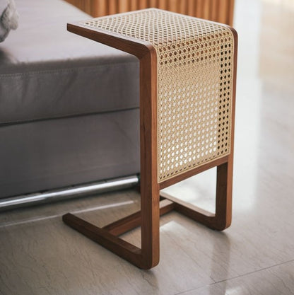 ADOUER WOOD Modern C-Shaped Side Table with Natural Rattan Webbing
