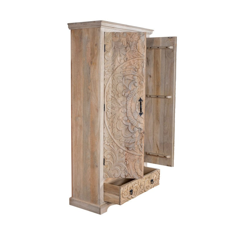 ADOUER WOOD Hand-Carved Solid Wood Wardrobe – Bohemian Floral Mandala Armoire with Integrated Storage Drawer