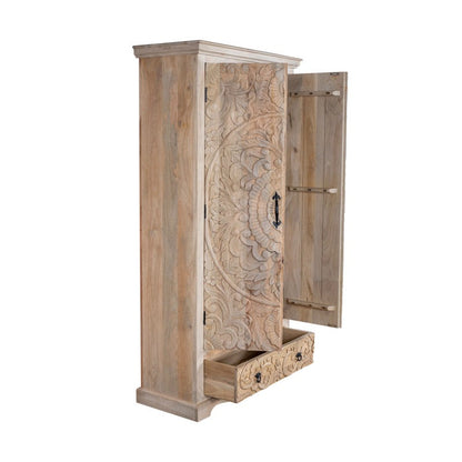 ADOUER WOOD Hand-Carved Solid Wood Wardrobe – Bohemian Floral Mandala Armoire with Integrated Storage Drawer