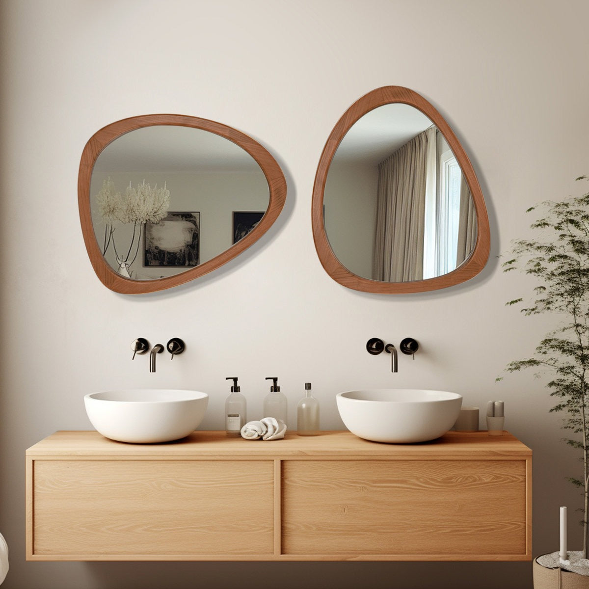 Asymmetrical Wood Wall Mirror - Organic Pebble Shape Mirror for Bathroom, Entryway & Living Room - Mid-Century Modern Decorative Mirror