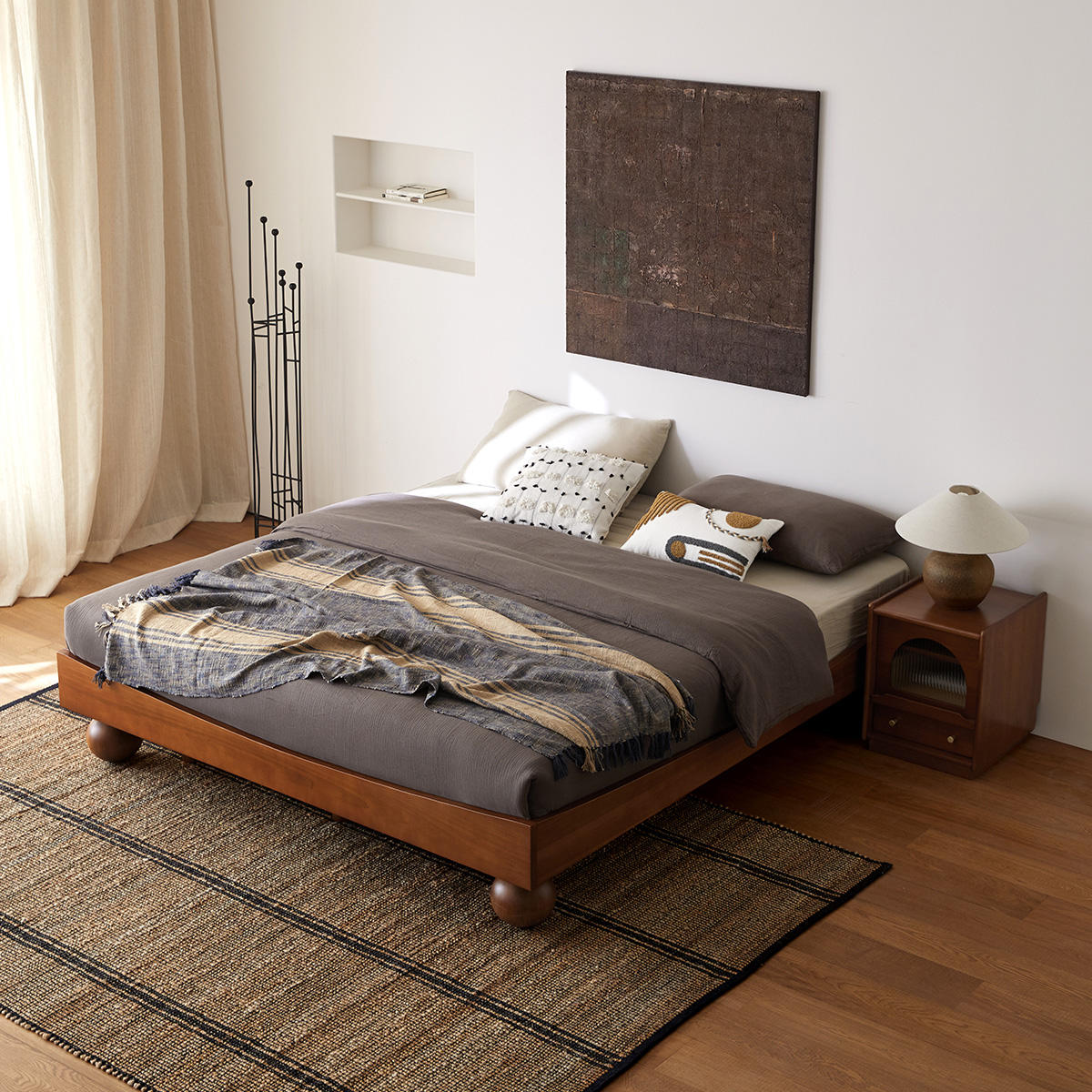 Japanese Style Low Platform Bed: Honey Acacia Wood with Distinct Spherical Legs