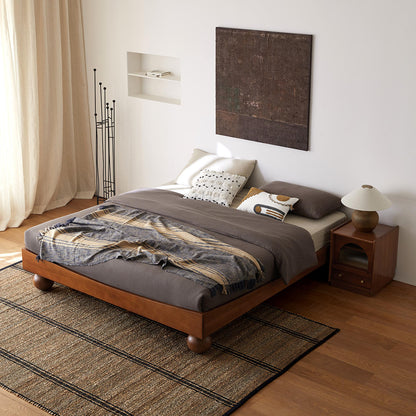 Japanese Style Low Platform Bed: Honey Acacia Wood with Distinct Spherical Legs