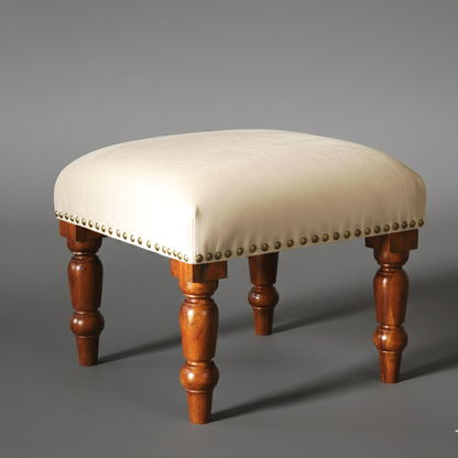 ADOUER WOOD Handcrafted SOLID Wood Footstool with Beige Upholstery and Brass Studs