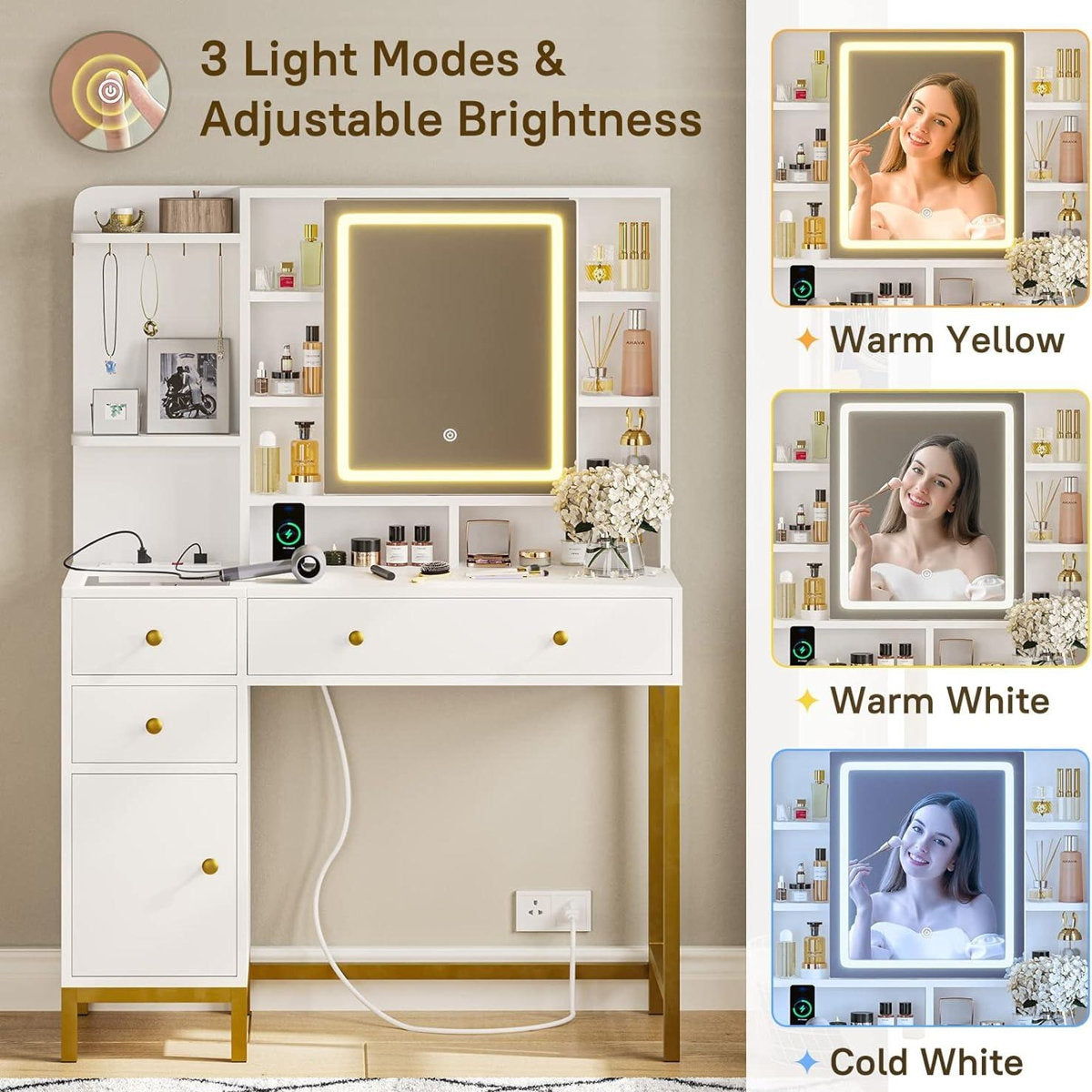 Premium Solid Wood Dressing Table featuring Multi-Tier Shelving and Smart LED Square Mirror