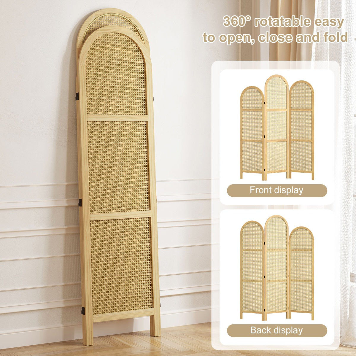 ADOUER WOOD Handcrafted Arched 3-Panel Room Divider with Natural Cane Webbing