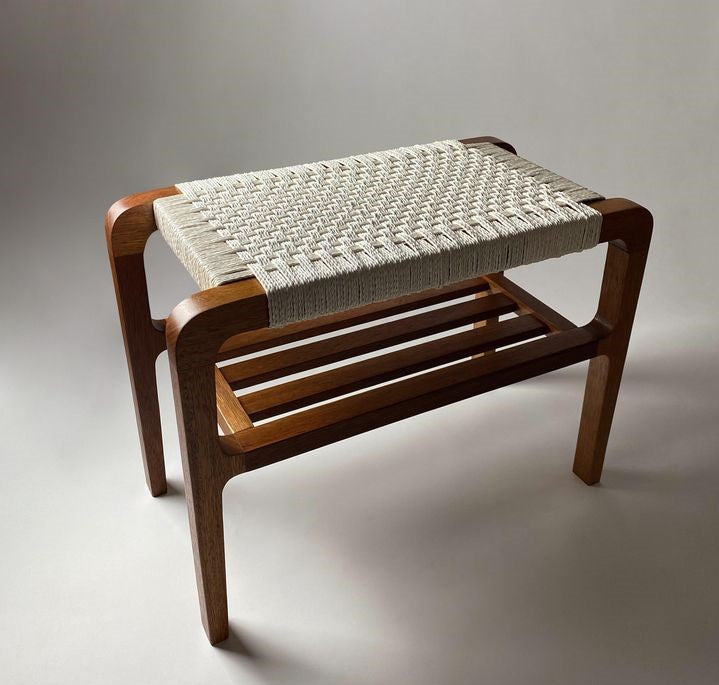 ADOUER WOOD Handcrafted Solid Wood Entryway Bench/Stool with Woven Cotton Rope Seat