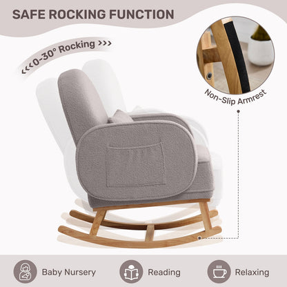 Modern Grey Boucle Rocking Chair and Ottoman with Natural Wood Accents