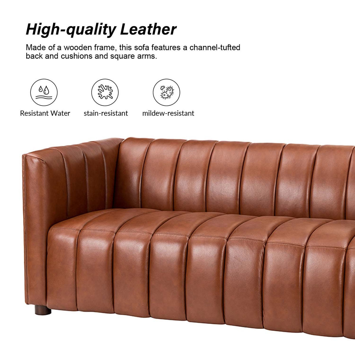 Mid-Century Modern Vertical Channel Tufted Leather Sofa on Solid Wood Frame
